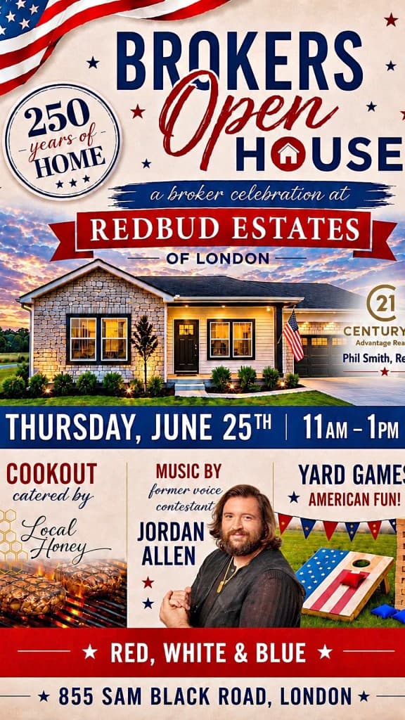 Brokers Open House flyer — a broker celebration at Redbud Estates of London, Thursday June 25, 11 AM to 1 PM